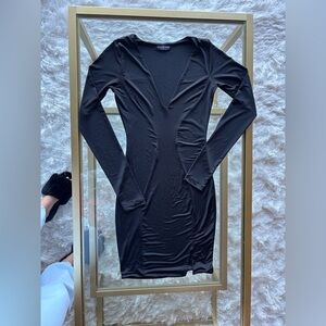 Black Long-Sleeve V-Neck Bodycon Dress